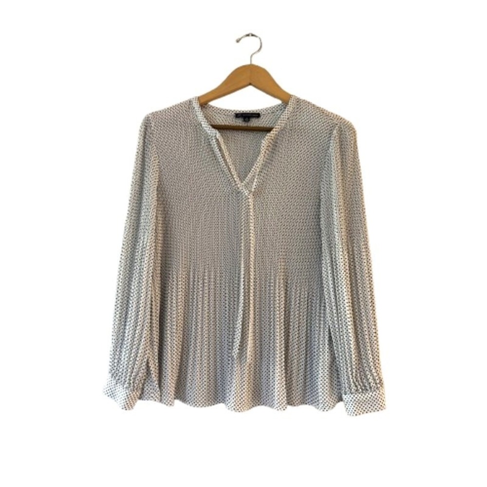 Adrianna Papell Polka Dot Pleated Blouse Top S Black White  Long Sleeve Tie Neck